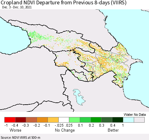 Azerbaijan, Armenia and Georgia Cropland NDVI Departure from Previous 8-days (VIIRS) Thematic Map For 12/3/2021 - 12/10/2021