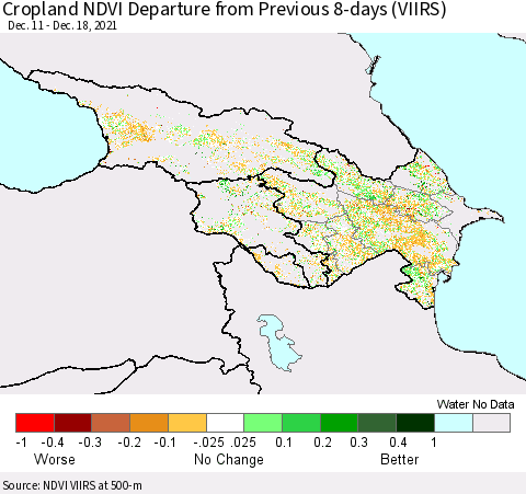 Azerbaijan, Armenia and Georgia Cropland NDVI Departure from Previous 8-days (VIIRS) Thematic Map For 12/11/2021 - 12/18/2021
