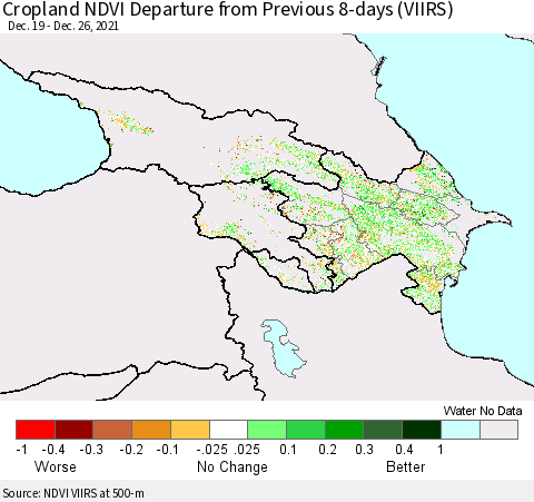 Azerbaijan, Armenia and Georgia Cropland NDVI Departure from Previous 8-days (VIIRS) Thematic Map For 12/19/2021 - 12/26/2021