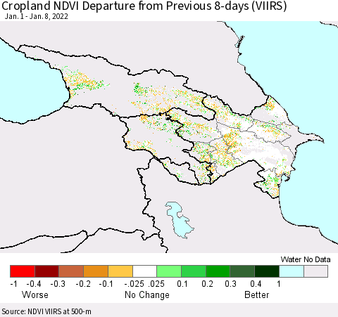 Azerbaijan, Armenia and Georgia Cropland NDVI Departure from Previous 8-days (VIIRS) Thematic Map For 1/1/2022 - 1/8/2022