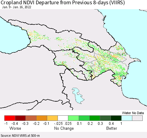 Azerbaijan, Armenia and Georgia Cropland NDVI Departure from Previous 8-days (VIIRS) Thematic Map For 1/9/2022 - 1/16/2022