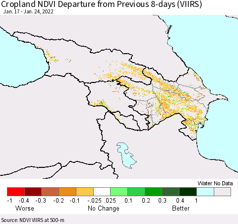 Azerbaijan, Armenia and Georgia Cropland NDVI Departure from Previous 8-days (VIIRS) Thematic Map For 1/17/2022 - 1/24/2022