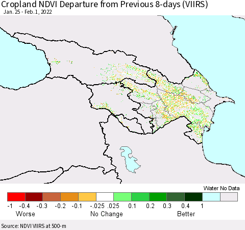 Azerbaijan, Armenia and Georgia Cropland NDVI Departure from Previous 8-days (VIIRS) Thematic Map For 1/25/2022 - 2/1/2022