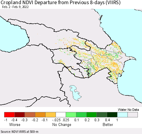 Azerbaijan, Armenia and Georgia Cropland NDVI Departure from Previous 8-days (VIIRS) Thematic Map For 2/2/2022 - 2/9/2022