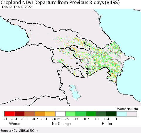 Azerbaijan, Armenia and Georgia Cropland NDVI Departure from Previous 8-days (VIIRS) Thematic Map For 2/10/2022 - 2/17/2022