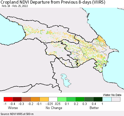 Azerbaijan, Armenia and Georgia Cropland NDVI Departure from Previous 8-days (VIIRS) Thematic Map For 2/18/2022 - 2/25/2022