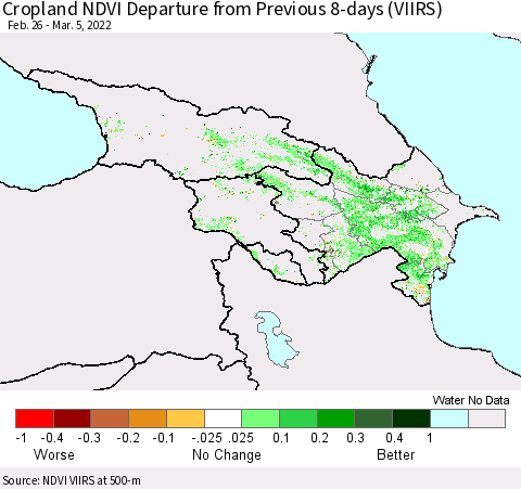 Azerbaijan, Armenia and Georgia Cropland NDVI Departure from Previous 8-days (VIIRS) Thematic Map For 2/26/2022 - 3/5/2022