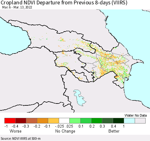 Azerbaijan, Armenia and Georgia Cropland NDVI Departure from Previous 8-days (VIIRS) Thematic Map For 3/6/2022 - 3/13/2022