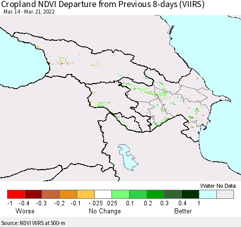 Azerbaijan, Armenia and Georgia Cropland NDVI Departure from Previous 8-days (VIIRS) Thematic Map For 3/14/2022 - 3/21/2022