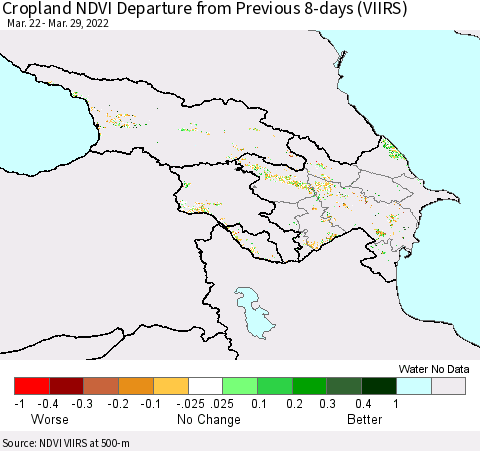 Azerbaijan, Armenia and Georgia Cropland NDVI Departure from Previous 8-days (VIIRS) Thematic Map For 3/22/2022 - 3/29/2022