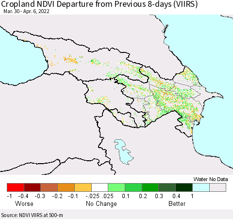 Azerbaijan, Armenia and Georgia Cropland NDVI Departure from Previous 8-days (VIIRS) Thematic Map For 3/30/2022 - 4/6/2022
