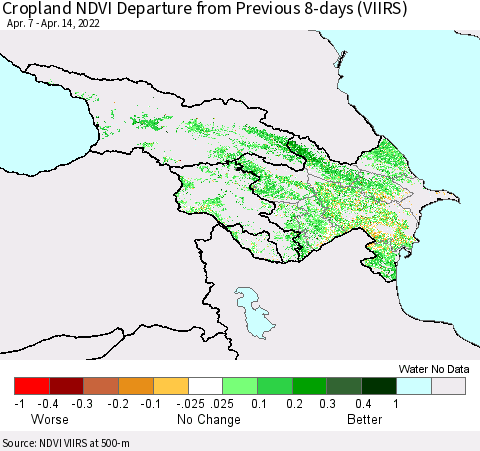 Azerbaijan, Armenia and Georgia Cropland NDVI Departure from Previous 8-days (VIIRS) Thematic Map For 4/7/2022 - 4/14/2022
