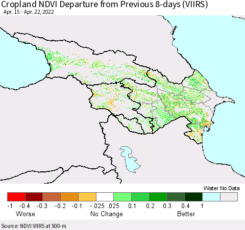Azerbaijan, Armenia and Georgia Cropland NDVI Departure from Previous 8-days (VIIRS) Thematic Map For 4/15/2022 - 4/22/2022