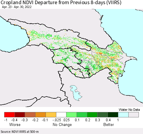 Azerbaijan, Armenia and Georgia Cropland NDVI Departure from Previous 8-days (VIIRS) Thematic Map For 4/23/2022 - 4/30/2022