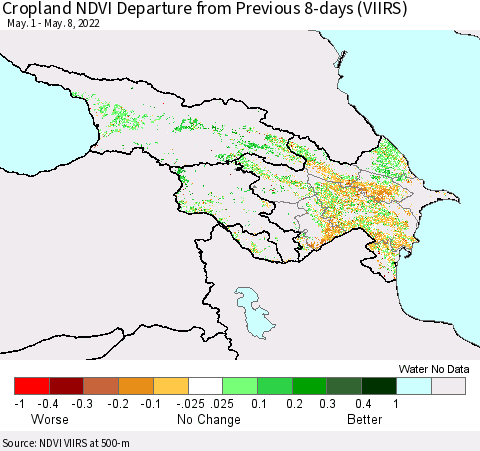 Azerbaijan, Armenia and Georgia Cropland NDVI Departure from Previous 8-days (VIIRS) Thematic Map For 5/1/2022 - 5/8/2022