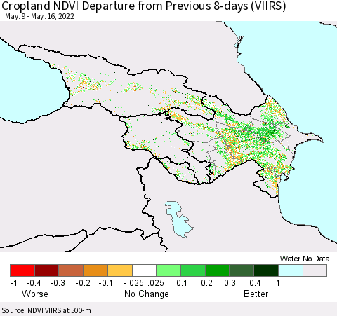 Azerbaijan, Armenia and Georgia Cropland NDVI Departure from Previous 8-days (VIIRS) Thematic Map For 5/9/2022 - 5/16/2022