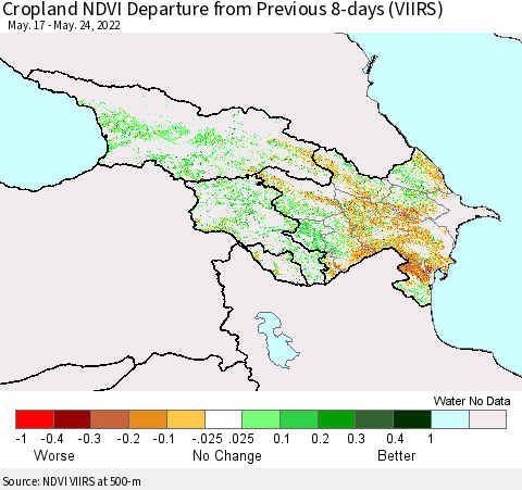 Azerbaijan, Armenia and Georgia Cropland NDVI Departure from Previous 8-days (VIIRS) Thematic Map For 5/17/2022 - 5/24/2022
