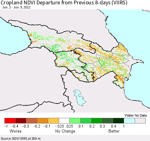 Azerbaijan, Armenia and Georgia Cropland NDVI Departure from Previous 8-days (VIIRS) Thematic Map For 6/2/2022 - 6/9/2022