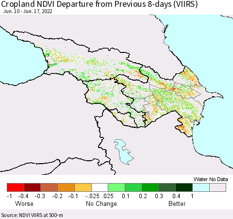Azerbaijan, Armenia and Georgia Cropland NDVI Departure from Previous 8-days (VIIRS) Thematic Map For 6/10/2022 - 6/17/2022