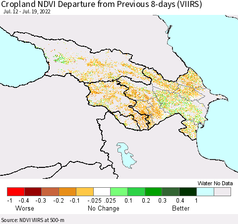 Azerbaijan, Armenia and Georgia Cropland NDVI Departure from Previous 8-days (VIIRS) Thematic Map For 7/12/2022 - 7/19/2022