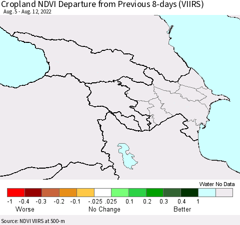 Azerbaijan, Armenia and Georgia Cropland NDVI Departure from Previous 8-days (VIIRS) Thematic Map For 8/5/2022 - 8/12/2022