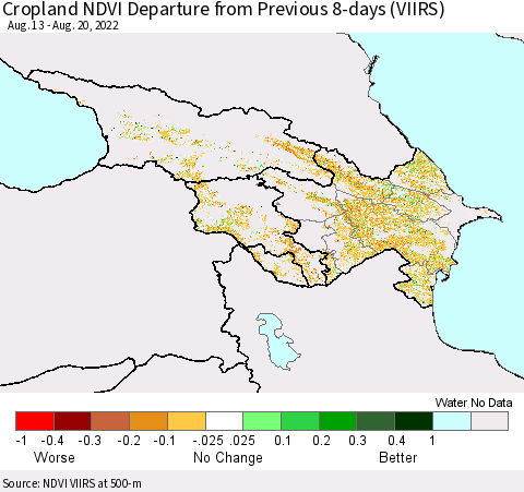 Azerbaijan, Armenia and Georgia Cropland NDVI Departure from Previous 8-days (VIIRS) Thematic Map For 8/13/2022 - 8/20/2022