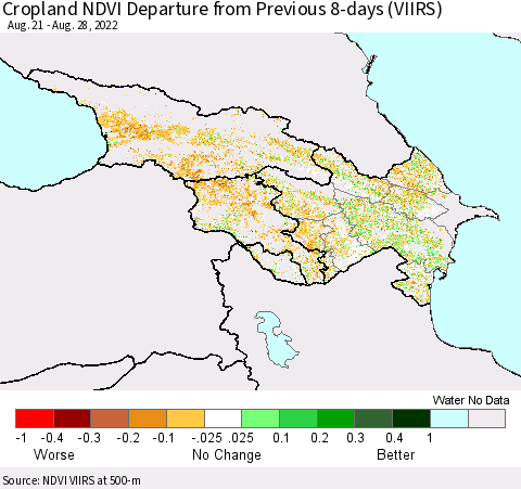 Azerbaijan, Armenia and Georgia Cropland NDVI Departure from Previous 8-days (VIIRS) Thematic Map For 8/21/2022 - 8/28/2022