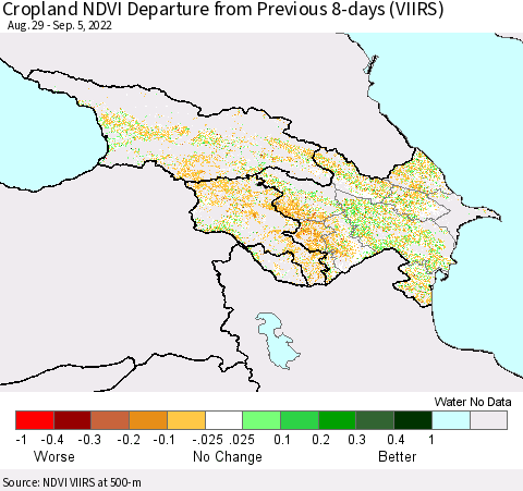 Azerbaijan, Armenia and Georgia Cropland NDVI Departure from Previous 8-days (VIIRS) Thematic Map For 8/29/2022 - 9/5/2022