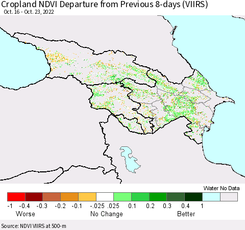 Azerbaijan, Armenia and Georgia Cropland NDVI Departure from Previous 8-days (VIIRS) Thematic Map For 10/16/2022 - 10/23/2022
