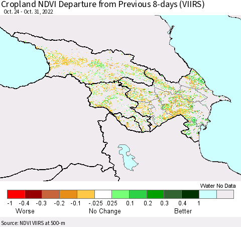 Azerbaijan, Armenia and Georgia Cropland NDVI Departure from Previous 8-days (VIIRS) Thematic Map For 10/24/2022 - 10/31/2022