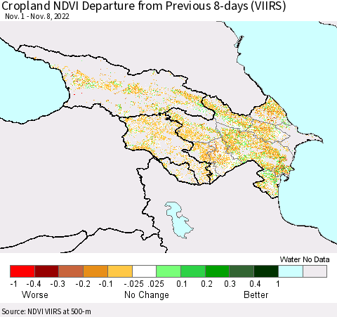 Azerbaijan, Armenia and Georgia Cropland NDVI Departure from Previous 8-days (VIIRS) Thematic Map For 11/1/2022 - 11/8/2022