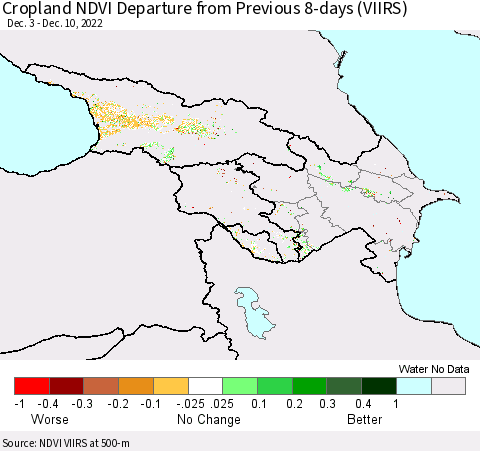 Azerbaijan, Armenia and Georgia Cropland NDVI Departure from Previous 8-days (VIIRS) Thematic Map For 12/3/2022 - 12/10/2022