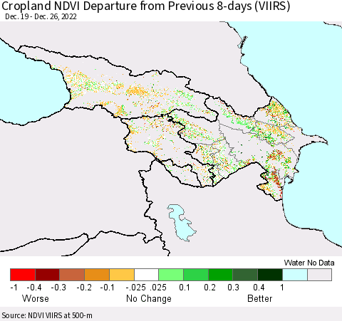 Azerbaijan, Armenia and Georgia Cropland NDVI Departure from Previous 8-days (VIIRS) Thematic Map For 12/19/2022 - 12/26/2022