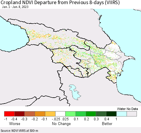 Azerbaijan, Armenia and Georgia Cropland NDVI Departure from Previous 8-days (VIIRS) Thematic Map For 1/1/2023 - 1/8/2023