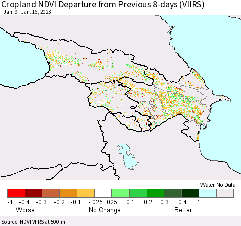 Azerbaijan, Armenia and Georgia Cropland NDVI Departure from Previous 8-days (VIIRS) Thematic Map For 1/9/2023 - 1/16/2023