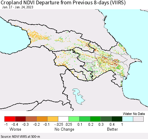 Azerbaijan, Armenia and Georgia Cropland NDVI Departure from Previous 8-days (VIIRS) Thematic Map For 1/17/2023 - 1/24/2023
