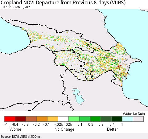 Azerbaijan, Armenia and Georgia Cropland NDVI Departure from Previous 8-days (VIIRS) Thematic Map For 1/25/2023 - 2/1/2023