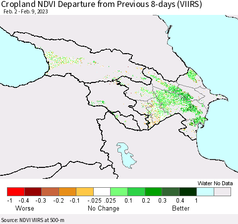 Azerbaijan, Armenia and Georgia Cropland NDVI Departure from Previous 8-days (VIIRS) Thematic Map For 2/2/2023 - 2/9/2023