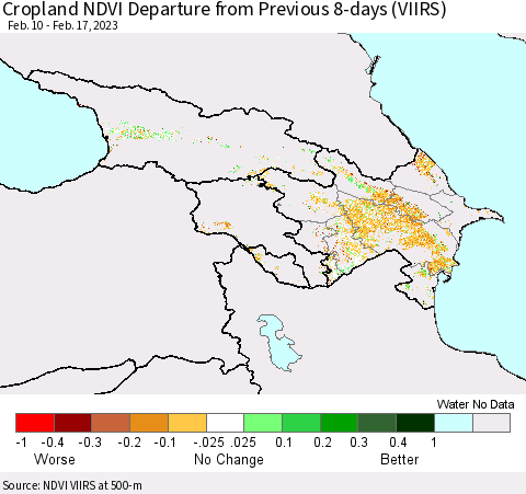 Azerbaijan, Armenia and Georgia Cropland NDVI Departure from Previous 8-days (VIIRS) Thematic Map For 2/10/2023 - 2/17/2023