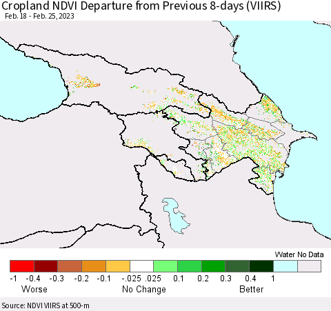 Azerbaijan, Armenia and Georgia Cropland NDVI Departure from Previous 8-days (VIIRS) Thematic Map For 2/18/2023 - 2/25/2023