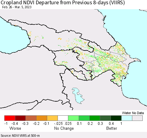 Azerbaijan, Armenia and Georgia Cropland NDVI Departure from Previous 8-days (VIIRS) Thematic Map For 2/26/2023 - 3/5/2023