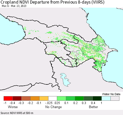 Azerbaijan, Armenia and Georgia Cropland NDVI Departure from Previous 8-days (VIIRS) Thematic Map For 3/6/2023 - 3/13/2023