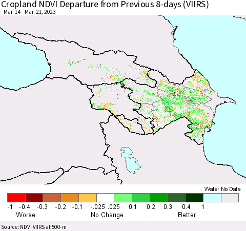 Azerbaijan, Armenia and Georgia Cropland NDVI Departure from Previous 8-days (VIIRS) Thematic Map For 3/14/2023 - 3/21/2023