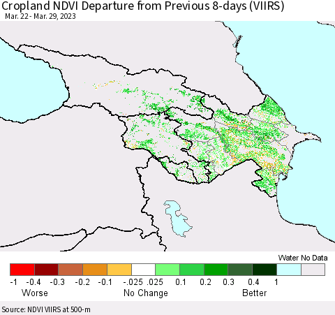 Azerbaijan, Armenia and Georgia Cropland NDVI Departure from Previous 8-days (VIIRS) Thematic Map For 3/22/2023 - 3/29/2023