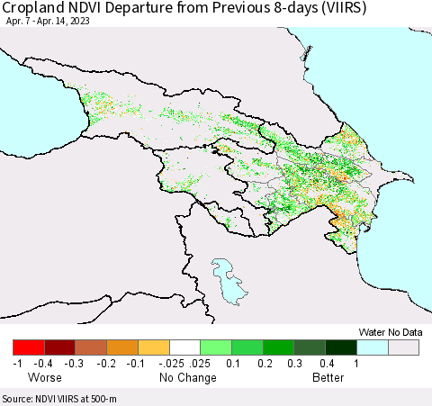 Azerbaijan, Armenia and Georgia Cropland NDVI Departure from Previous 8-days (VIIRS) Thematic Map For 4/7/2023 - 4/14/2023