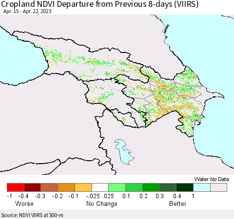 Azerbaijan, Armenia and Georgia Cropland NDVI Departure from Previous 8-days (VIIRS) Thematic Map For 4/15/2023 - 4/22/2023