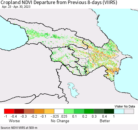 Azerbaijan, Armenia and Georgia Cropland NDVI Departure from Previous 8-days (VIIRS) Thematic Map For 4/23/2023 - 4/30/2023