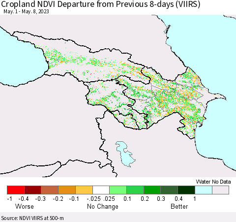 Azerbaijan, Armenia and Georgia Cropland NDVI Departure from Previous 8-days (VIIRS) Thematic Map For 5/1/2023 - 5/8/2023