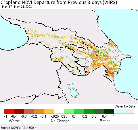 Azerbaijan, Armenia and Georgia Cropland NDVI Departure from Previous 8-days (VIIRS) Thematic Map For 5/17/2023 - 5/24/2023