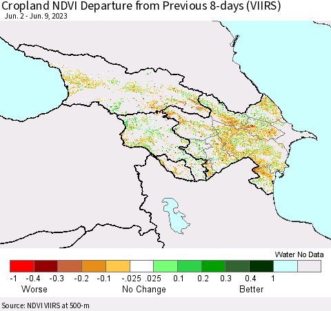 Azerbaijan, Armenia and Georgia Cropland NDVI Departure from Previous 8-days (VIIRS) Thematic Map For 6/2/2023 - 6/9/2023